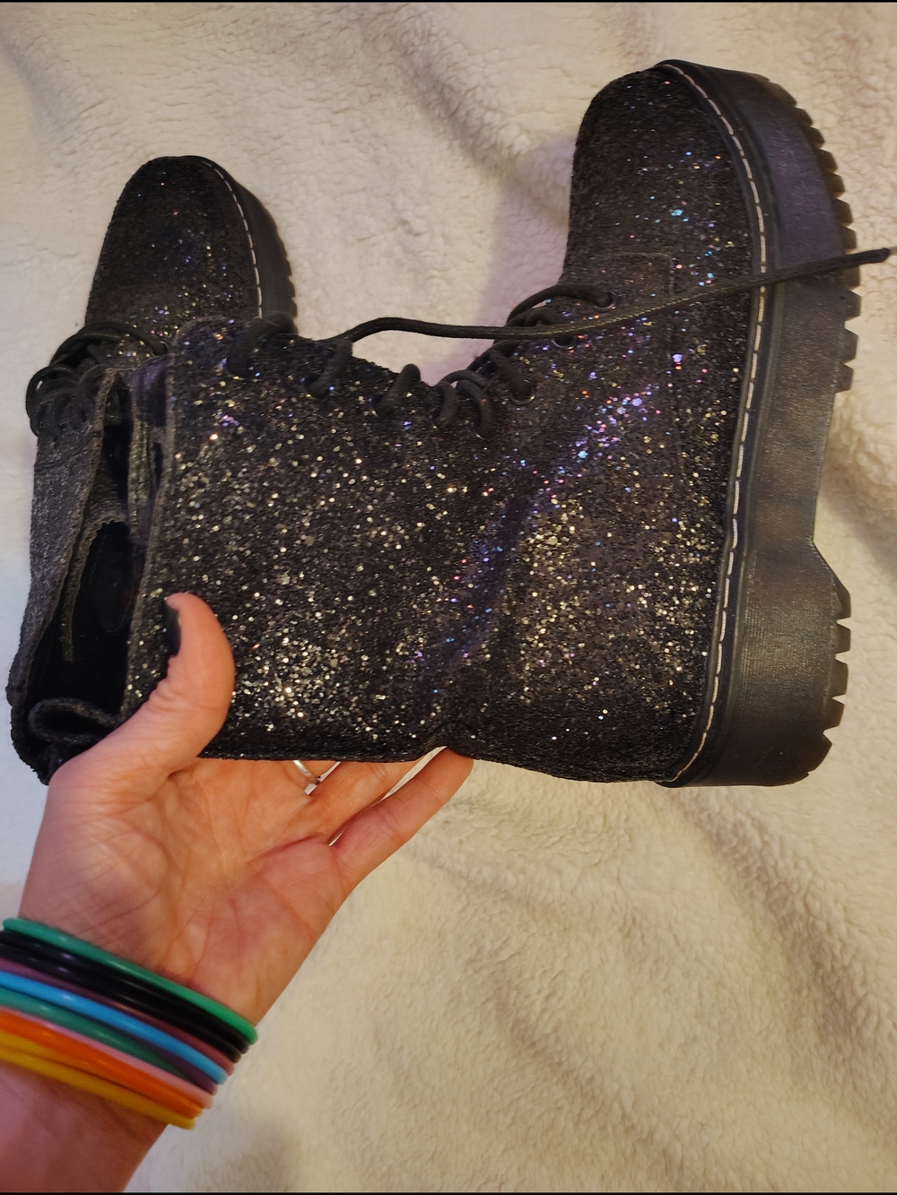 Glittery Black Lace-Up Combat Boots